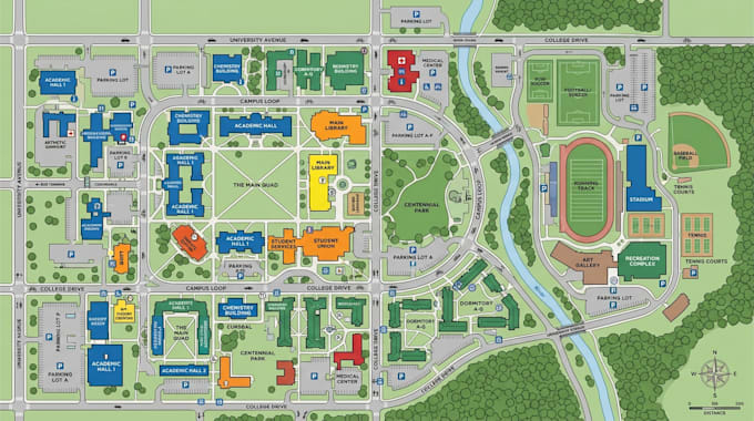 create campus, office, route, visitor and hiking trail, itinerary map