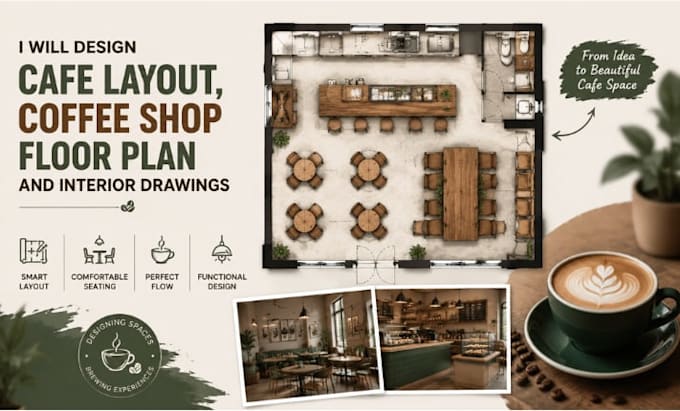 design cafe layout, coffee shop floor plan and interior drawings