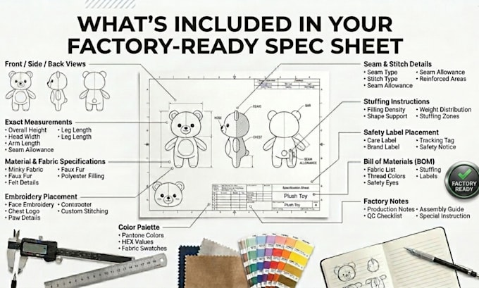 create a plush toy tech pack and manufacturing spec sheet