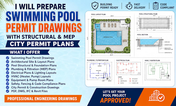 prepare swimming pool permit drawings with structural and mep city permit plans