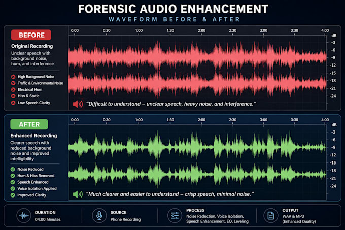 enhance forensic audio, remove noise, isolate voices, and restore recordings