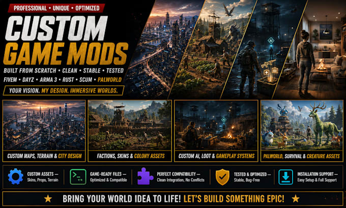 make immersive maps, npcs, skins for cities skylines, rimworld, sims 4, palworld