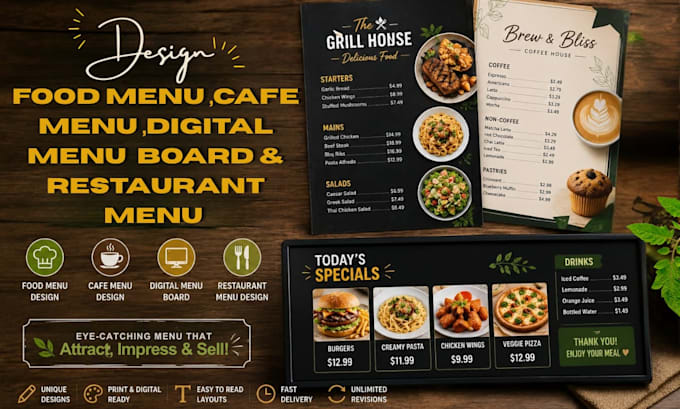 design food menu, cafe menu, digital menu board and restaurant menu design