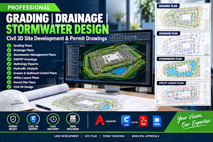 design grading plans, drainage plans, stormwater and civil 3d plans