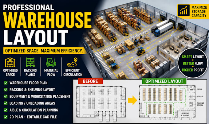 design an optimized warehouse layout, racking plan, floor plan, tiny house