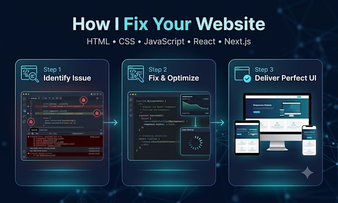 fix your react or next js website bugs, errors and responsiveness issues