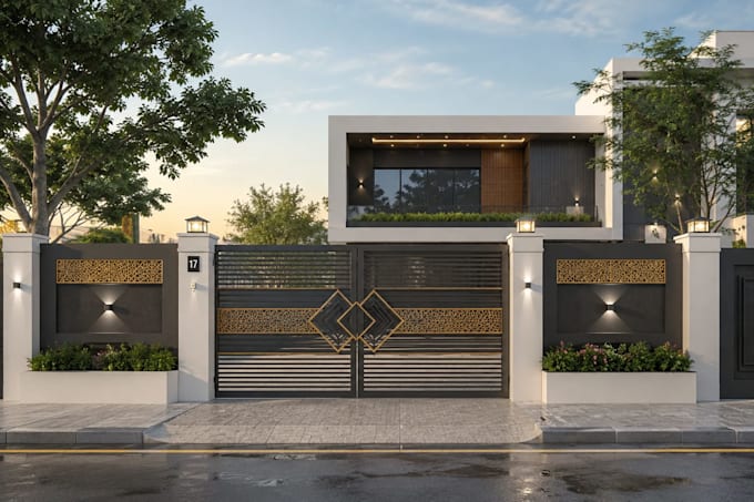 design fence banner, mesh banner, draw modern gate with 3d rendering