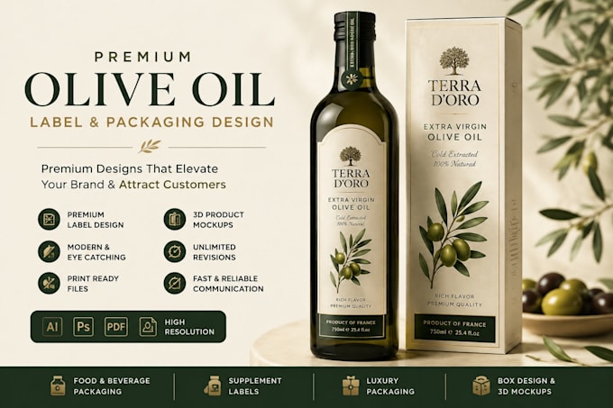 design premium olive oil label, bottle label and supplement packaging design