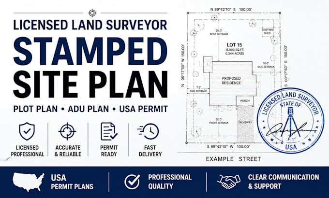 provide a licensed land surveyor stamped site plan plot plan adu plan USA permit