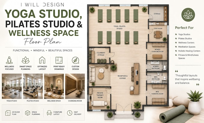 design yoga studio, pilates studio and wellness space floor plan