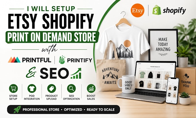 setup etsy shopify print on demand store with printful printify and SEO