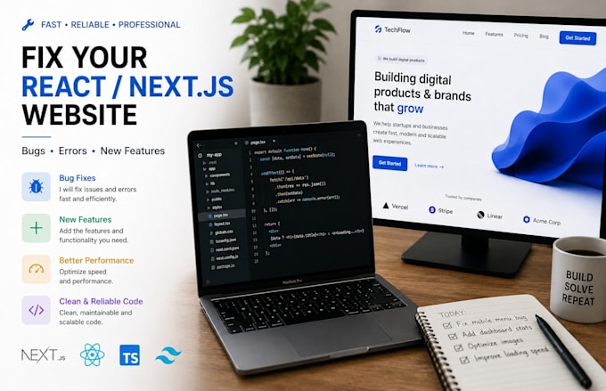 fix react next js bugs, errors and vercel deployment issues