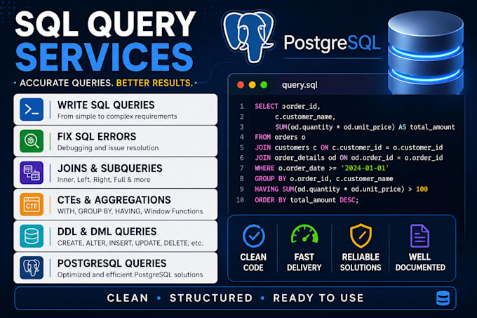 write fix and optimize sql and postgresql queries