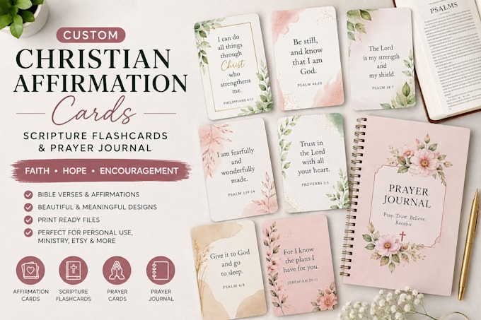 design christian affirmation card or scripture flashcards, prayer journal