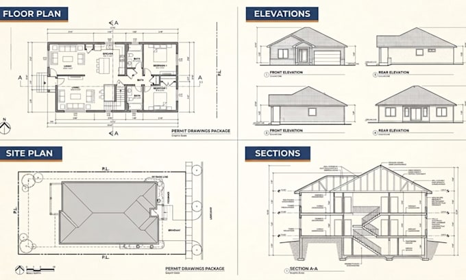 draft city permit drawings, floor plans, elevations, and site plans