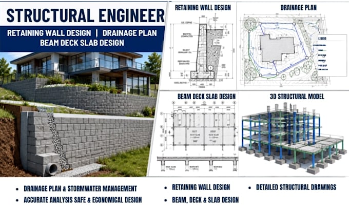 retaining wall design, drainage plan beam deck slab design structural engineer