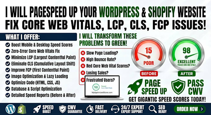 pages speed up your wordpress shopify website fix core web vitals, lcp, cls, fcp