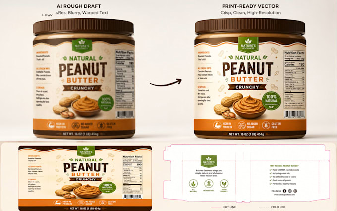 redesign, redraw al generated food label, packaging into print ready vector file