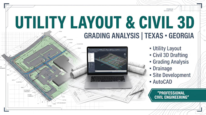 do utility layout design, civil 3d drafting and grading analysis texas georgia