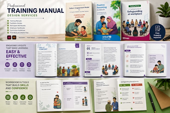 design a professional training manual, workbook, or facilitator guide