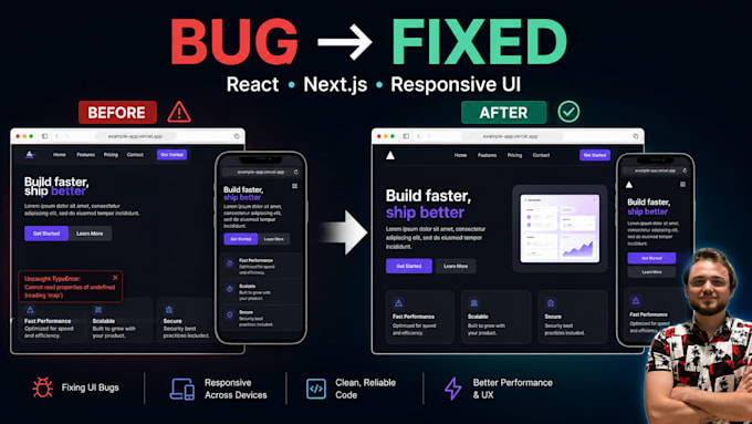 fix react nextjs javascript bugs and responsive issues