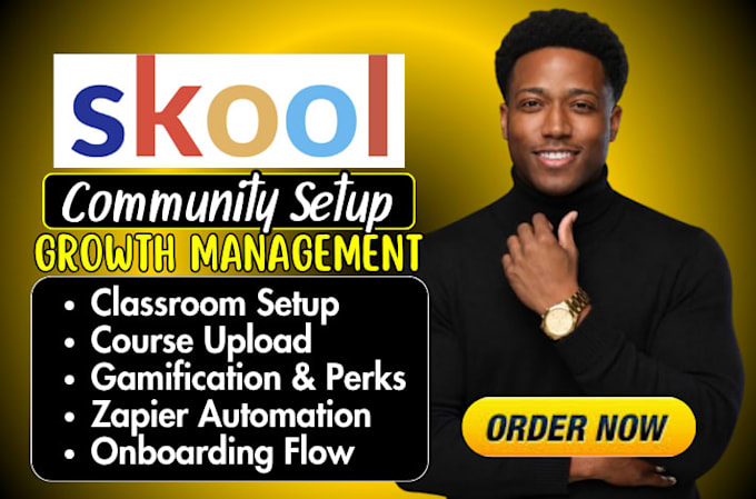 do skool community setup, skool course upload, and community management