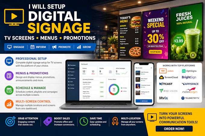 setup professional digital signage for TV screens menus yodeck optisigns kitcast