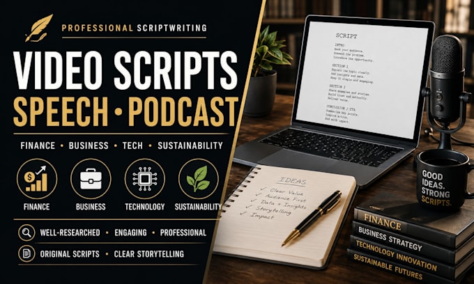 write a video script, speech, podcast on finance business, tech, sustainability