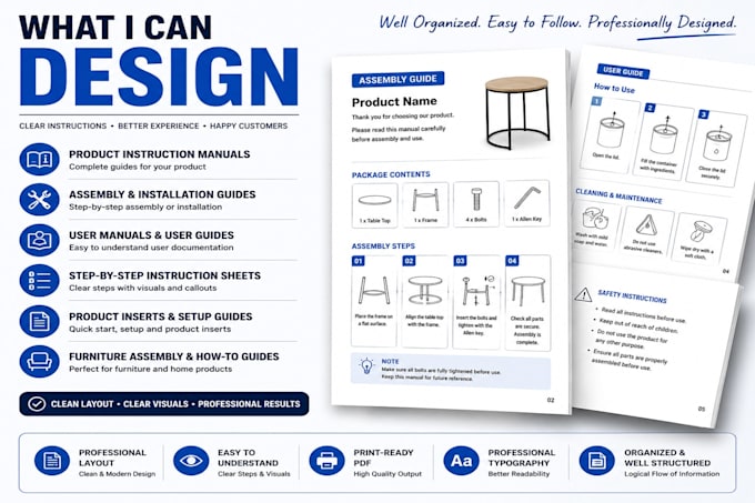 design product instruction manual, assembly instructions and user guide
