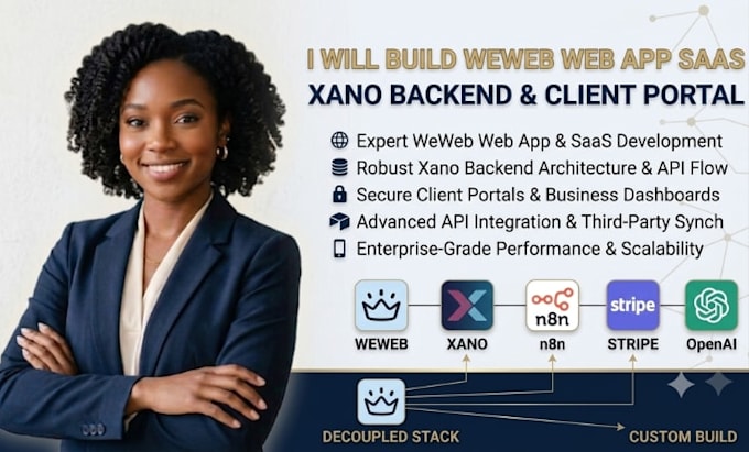 build weweb web app saas, xano backend, api integration, and client portal