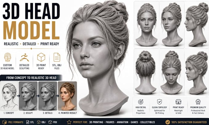 create realistic 3d head model face sculpt, character head and bust for printing