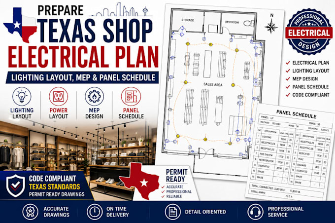 prepare texas shop electrical plan, lighting layout , mep and panel schedule