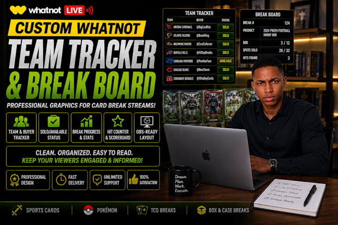create a custom whatnot card break team tracker and break board