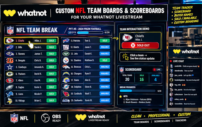 design custom whatnot card break team boards and scoreboards