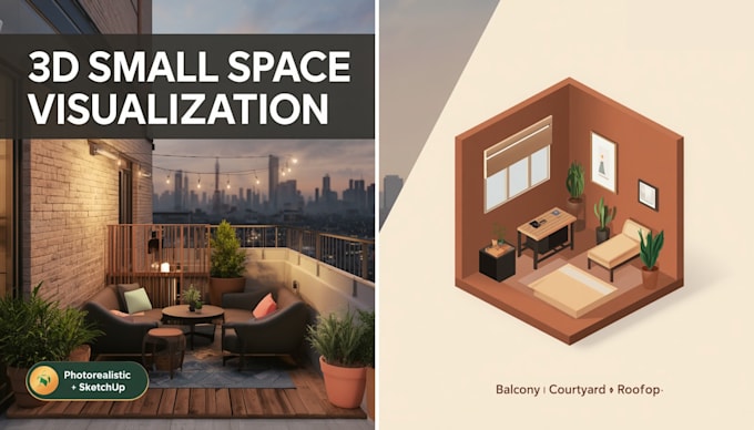 design a 3d small garden render for balcony courtyard and rooftop spaces