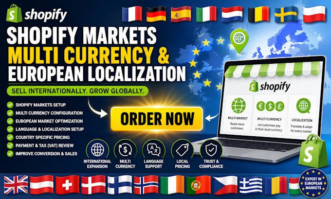 setup shopify markets, multi currency, and european localization