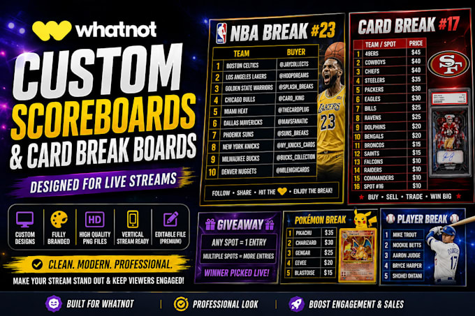 design custom whatnot scoreboards and break boards