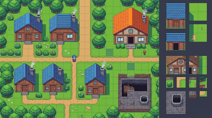 create top down pixel art tileset game map and background assets rpg maker