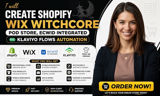 create shopify wix witchcore pod store ecwid integrated klaviyo flows automation