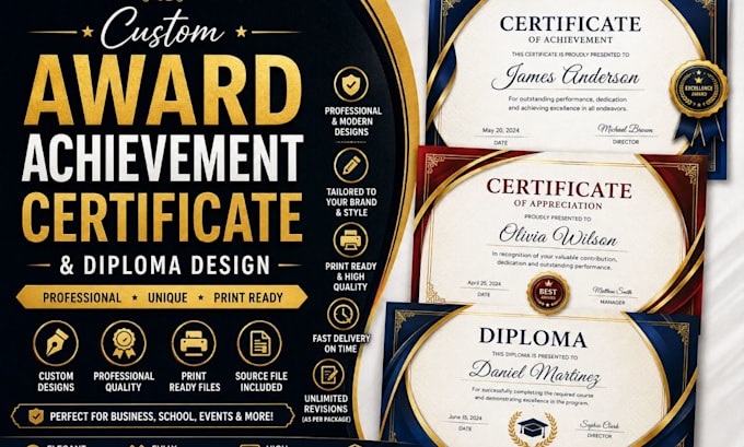 design custom award certificate, achievement certificate and diploma
