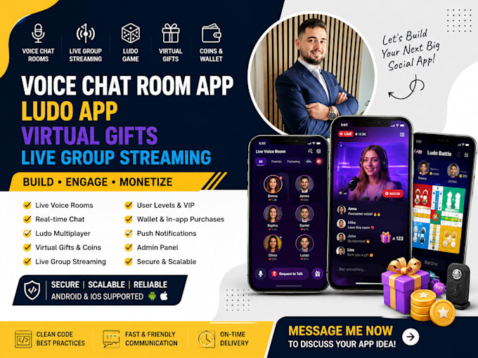 develop voice chat room app ludo app with virtual gifts and live group streaming