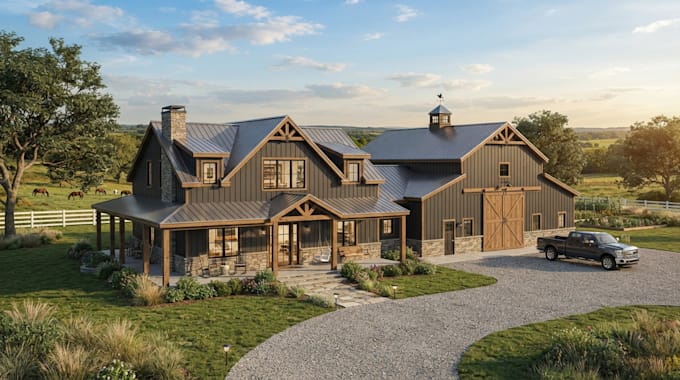 create 3d barndominium exterior design, barn house render and visualization