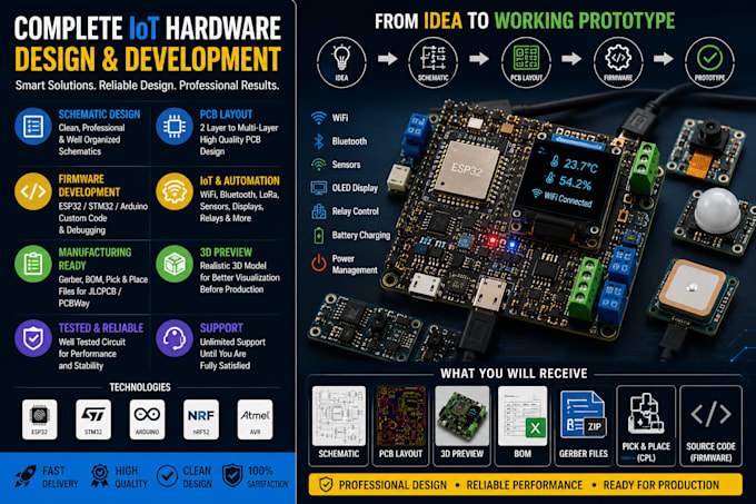 design esp32 stm32 iot pcb, schematic, and embedded prototype for jlcpcb