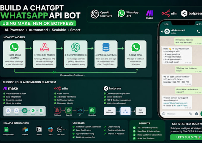 build a chatgpt openai whatsapp API bot using make, n8n or botpress