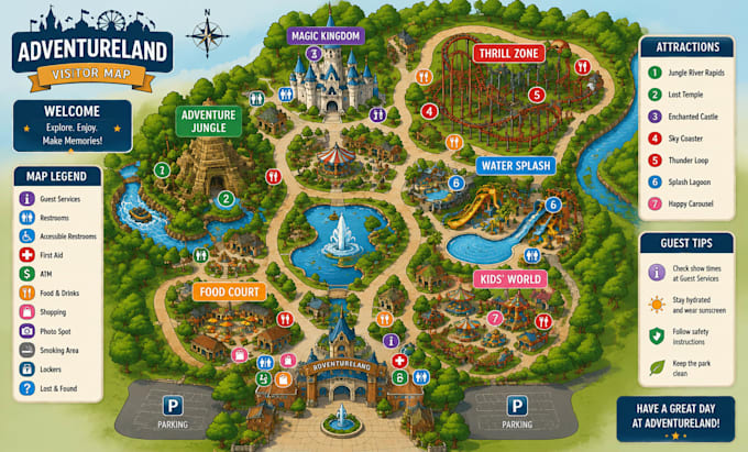 design illustrated visitor maps for theme and entertainment centers