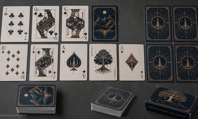 create custom playing card design, playing deck, tuck box and card illustration