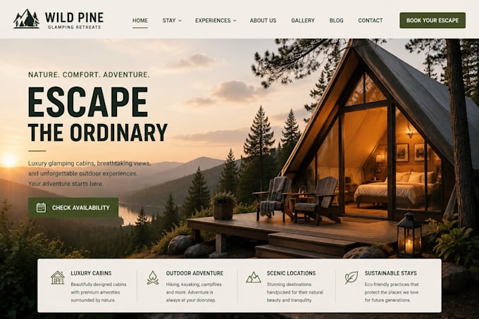design wix glamping website squarespace cabin camping website hiking website