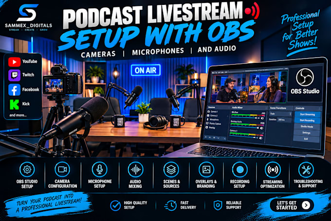 setup your podcast livestream with obs, cameras, microphones and audio