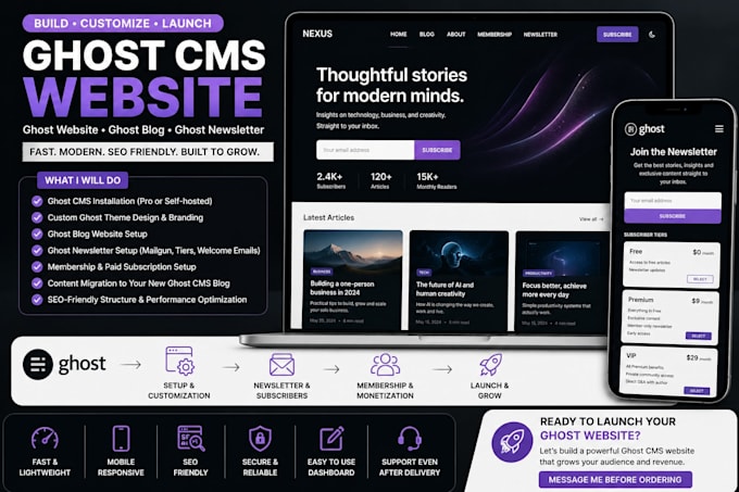 build your ghost cms website, customize ghost theme, and setup ghost newsletter