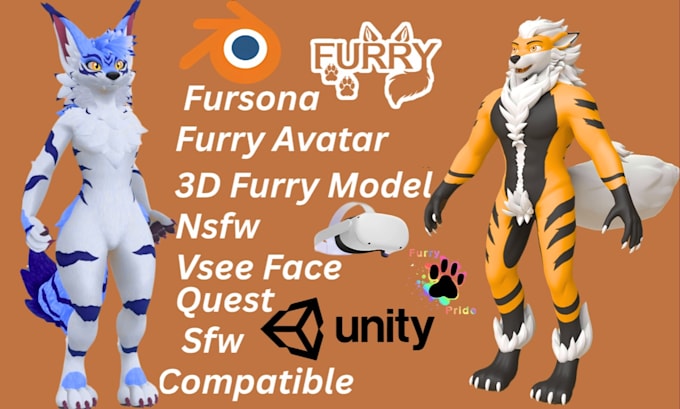 create custom furry vrchat avatar with fbt pc quest compatible fursona 3d model